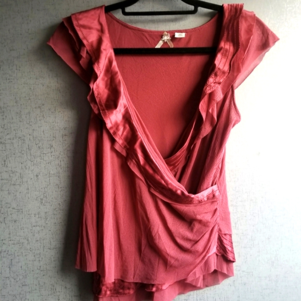 Maeve Ruby Red Silk Ruffle Wrap Blouse XS
